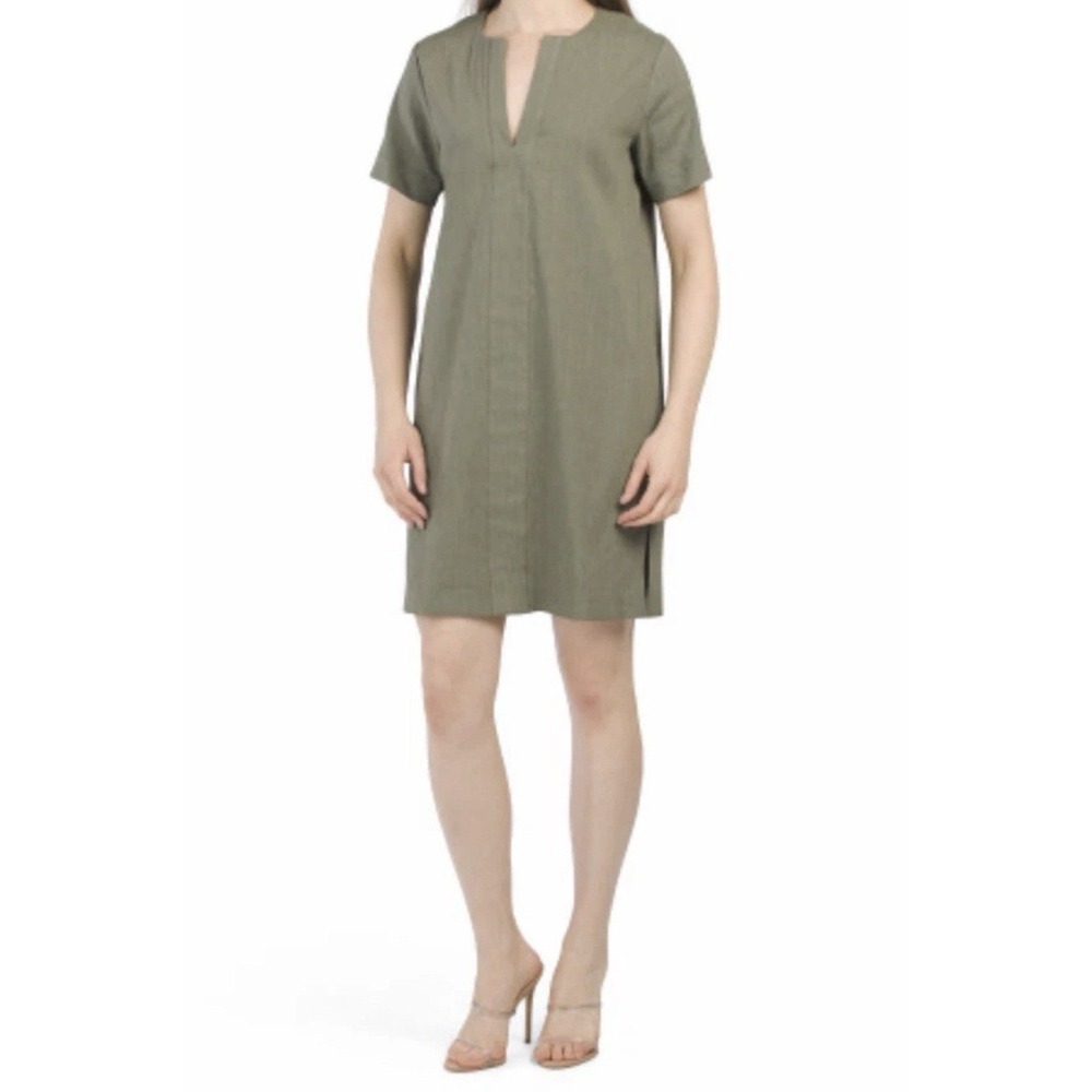 Theory‎ Slit Front Linen Blend Shift Dress Deep Military Caliver Green $325 Sz M